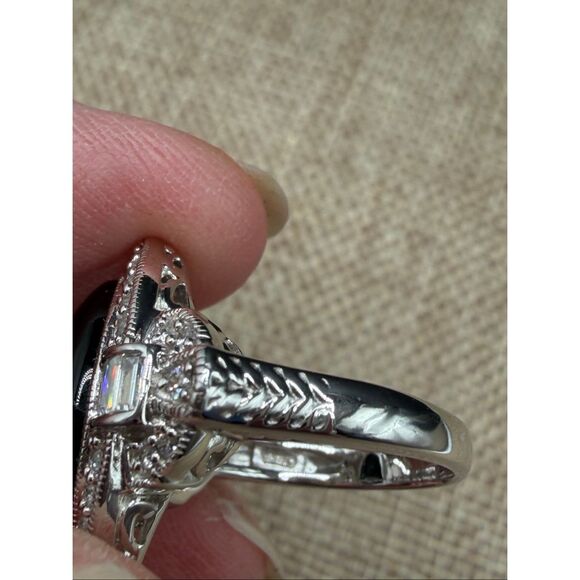 Black Onyx-Style Marquise CZ Halo Ring Sterling Silver Plated Size 6 - Picture 6 of 11